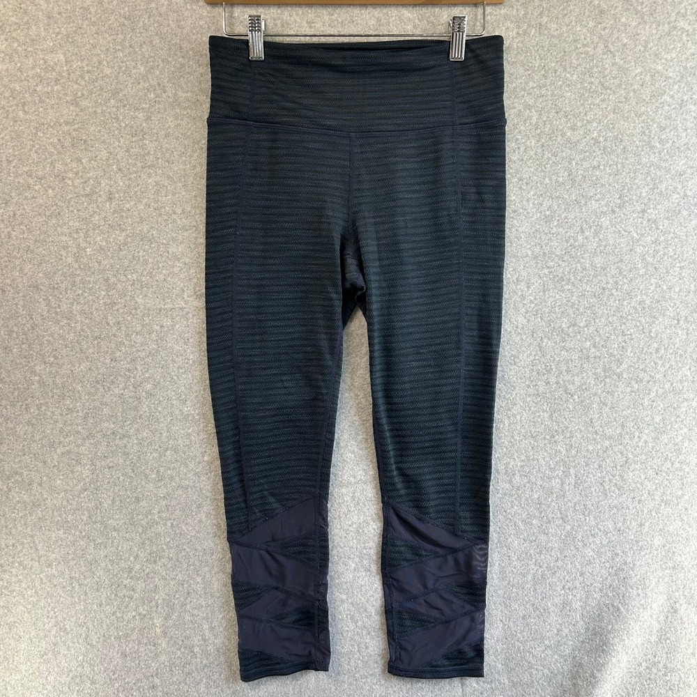 Athleta High Rise Jacquard Mantra Capri Leggings Black Blue Mesh Cutout Sz Small